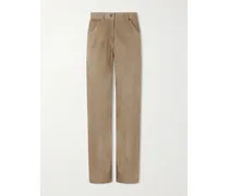 Embellished Paneled Suede Wide-leg Pants - Brown