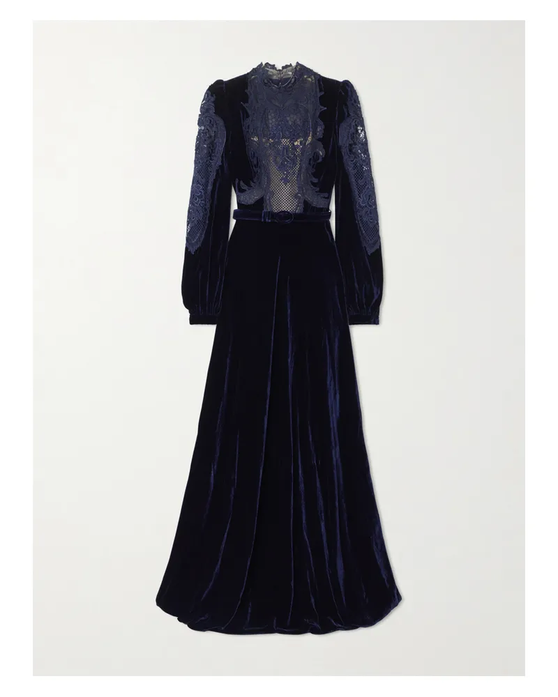 COSTARELLOS Belted Lace-paneled Velvet Gown - Blue Blue