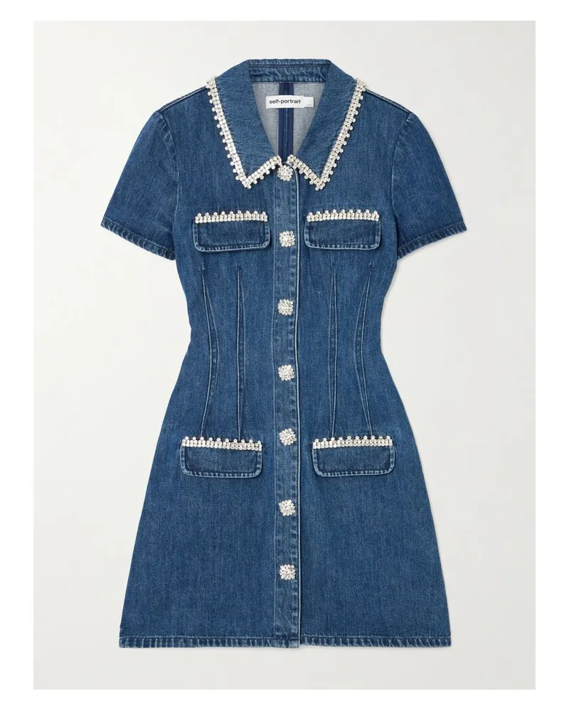 Self-Portrait Mini-jeanskleid Mit Kristallen - Blau Blau