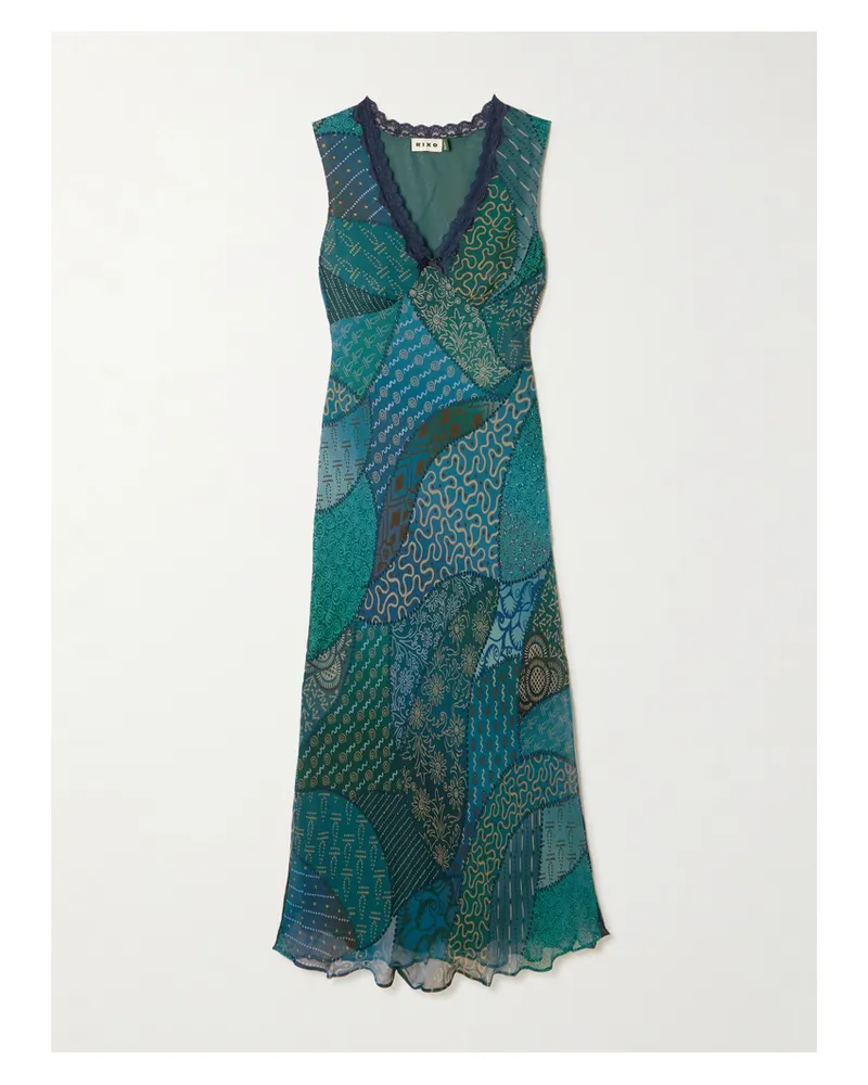 RIXO Cyrus Midikleid Aus Bedrucktem Chiffon Mit Spitzenbesatz - Blau Blau