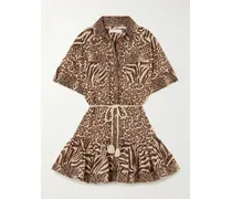 Wanderlust Lantern Belted Printed Cotton Mini Dress - Brown