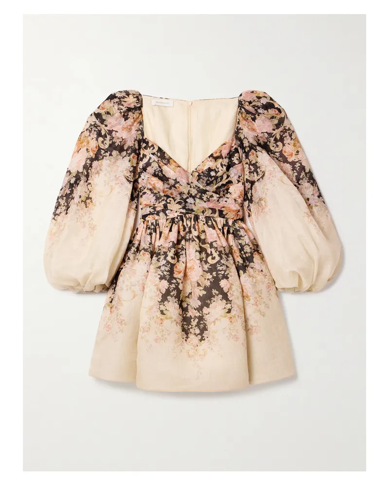 Zimmermann Illustration Minikleid Aus Organza Aus Einer Leinen-seidenmischung Mit Blumenprint Und Falten - Mehrfarbig Mehrfarbig
