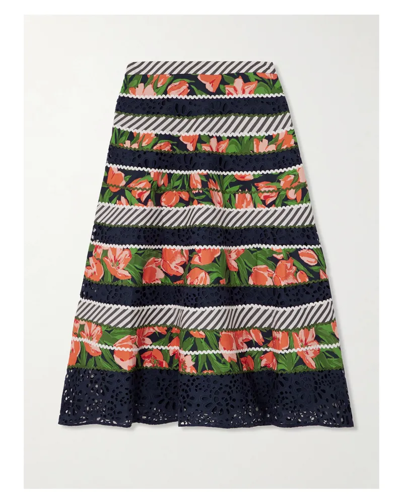 Carolina Herrera New York Midirock Aus Popeline Aus Einer Bedruckten Baumwollmischung Mit Lochstickerei Und Zackenlitzen - Mehrfarbig Mehrfarbig