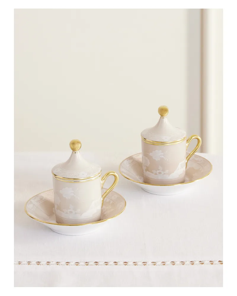 Ginori 1735 Oriente Italiano Set Aus Zwei Kaffeetassen Aus Porzellan Mit Untertassen, Deckeln Und Vergoldeten Details - Pink Pink