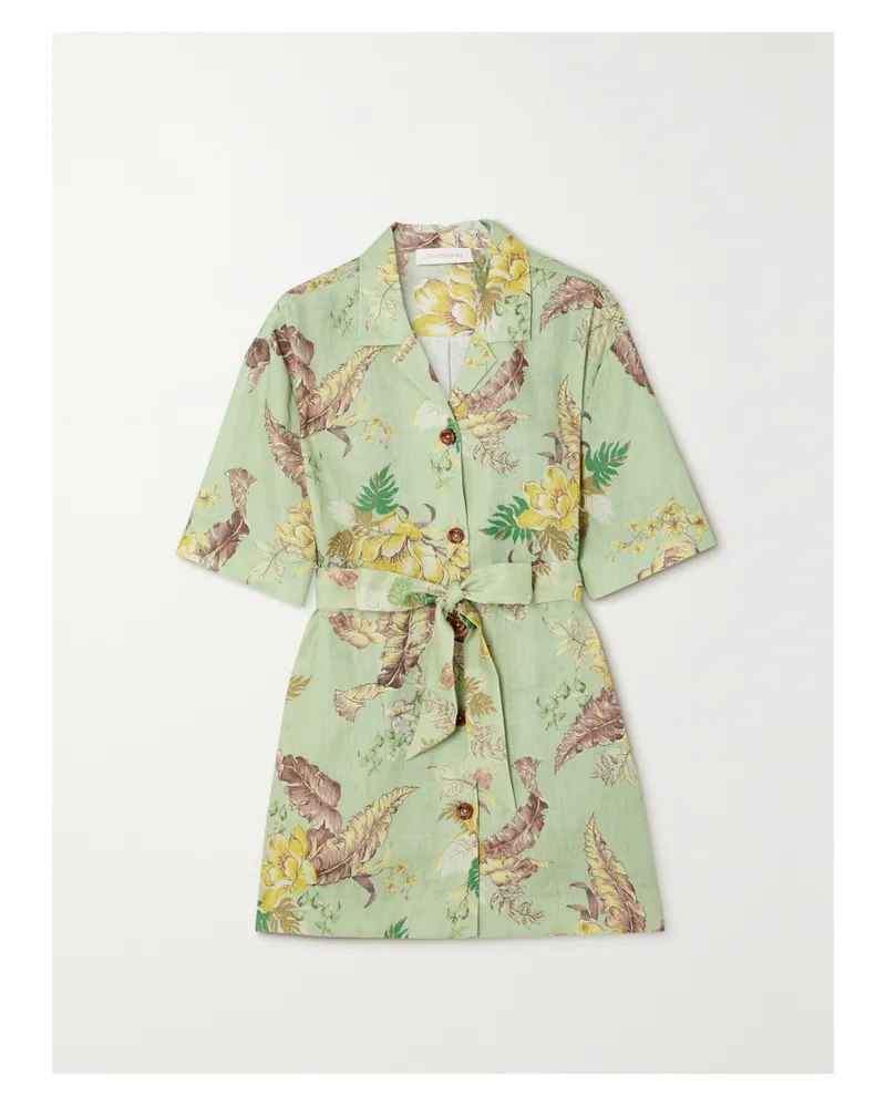 Zimmermann Matchmaker Hemd Aus Leinen Mit Blumenprint Und Bindegürtel - Grün Grün