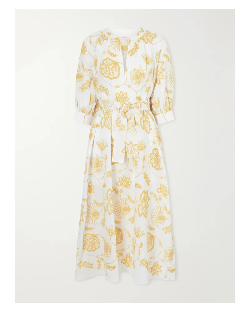 Eres Sari Anjana Belted Embroidered Cotton-blend Midi Dress - Yellow Yellow