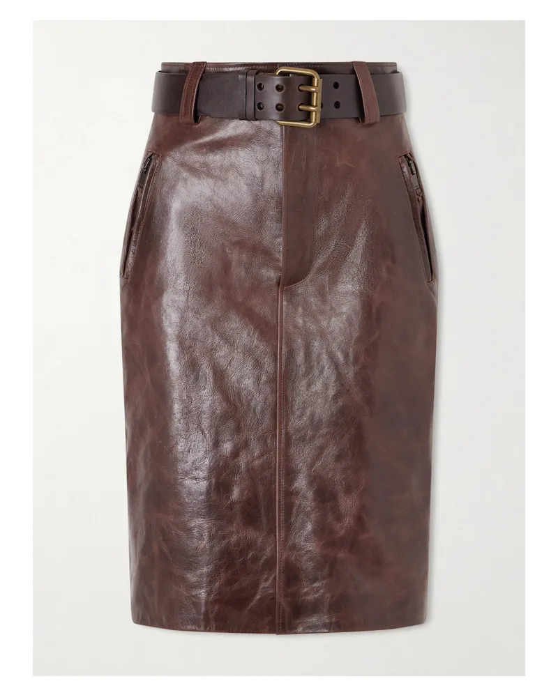 Saint Laurent Belted Leather Pencil Skirt - Brown Brown