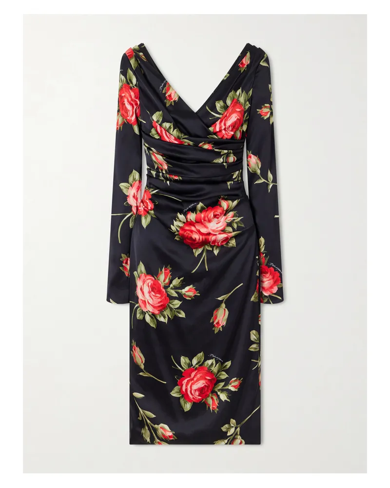 Dolce & Gabbana Ruched Floral-printed Satin Midi Dress - Black Black