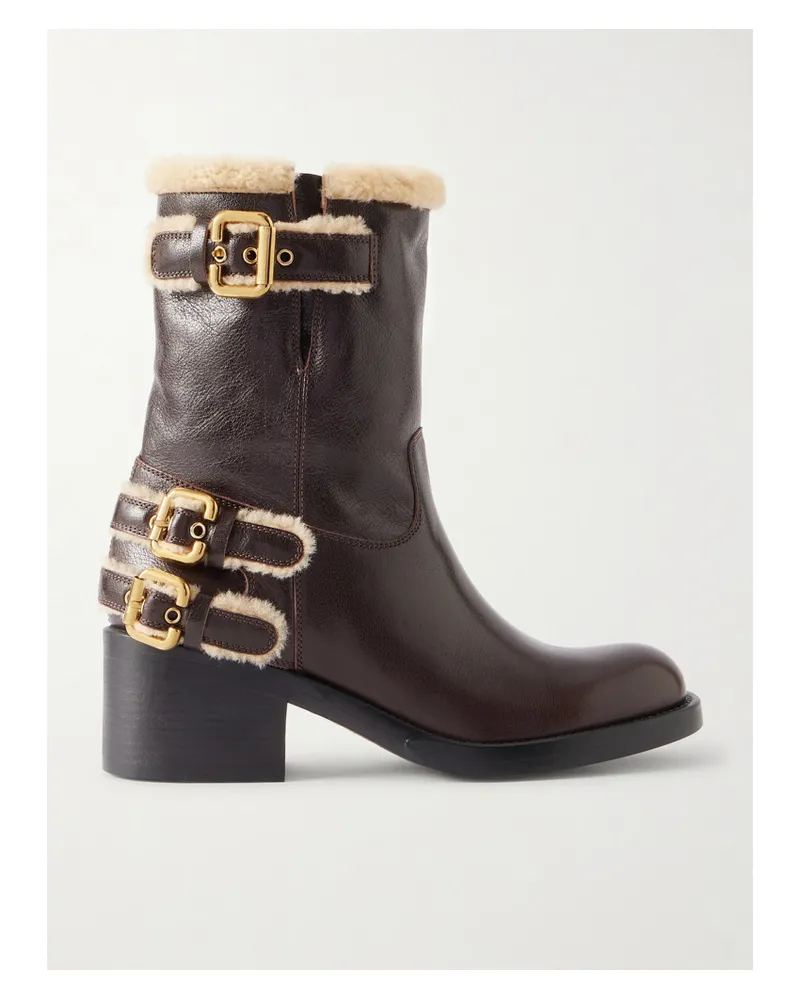 Chloé Dakota Buckled Shearling-trimmed Leather Ankle Boots - Brown Brown
