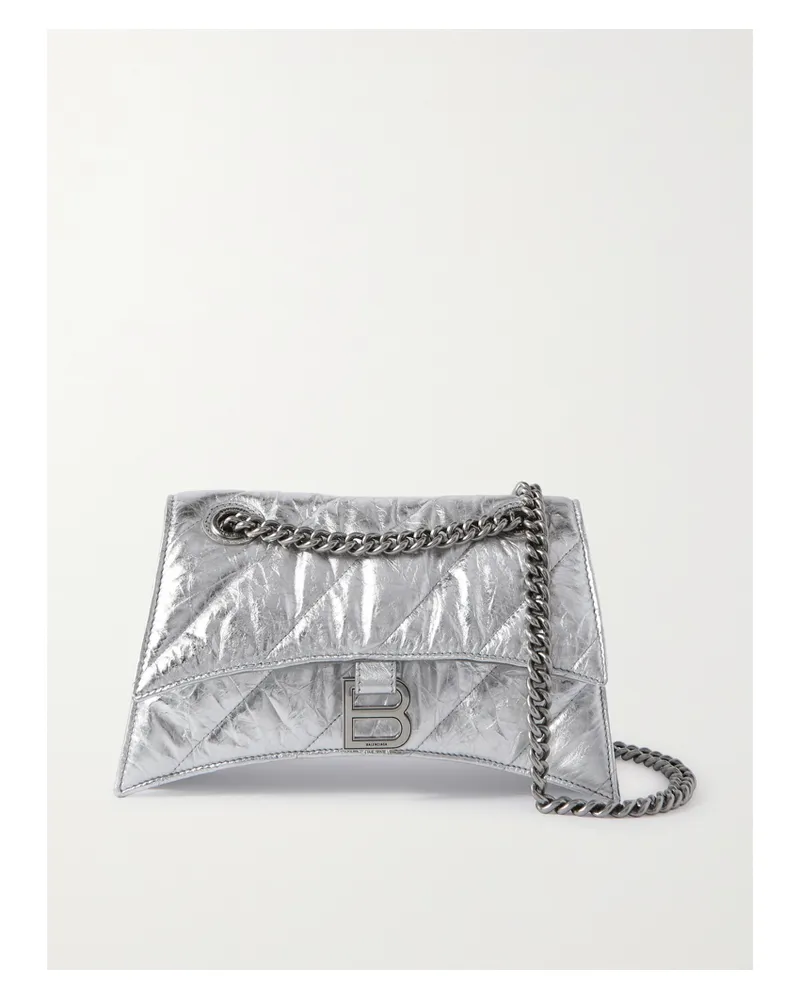 Balenciaga Hourglass Quilted Metallic Crinkled-leather Shoulder Bag - Silver Silver