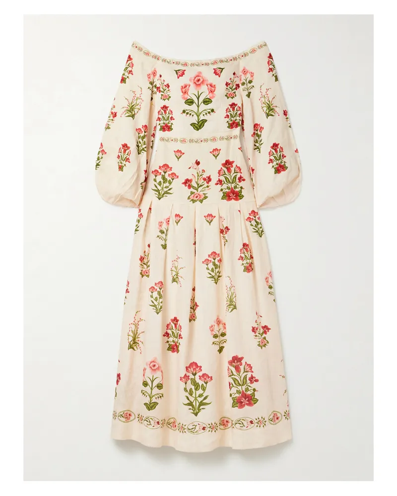 AGUA BENDITA Senlis Schulterfreies Maxikleid Aus Leinen Mit Blumenprint Und Falten - Creme Creme