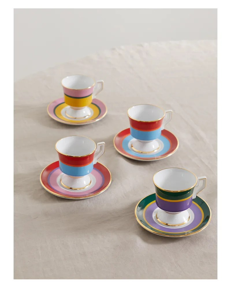 La DoubleJ Set Aus Vier Espressotassen Und Untertassen Aus Porzellan Mit Vergoldeten Details - Pink Pink