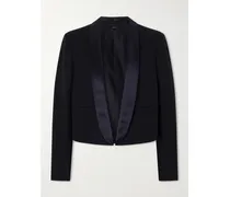 Cropped Silk Satin-trimmed Grain De Poudre Wool Blazer - Black