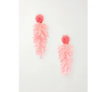Cluster Tasseled Beaded Gold-tone Clip Earrings - Pink