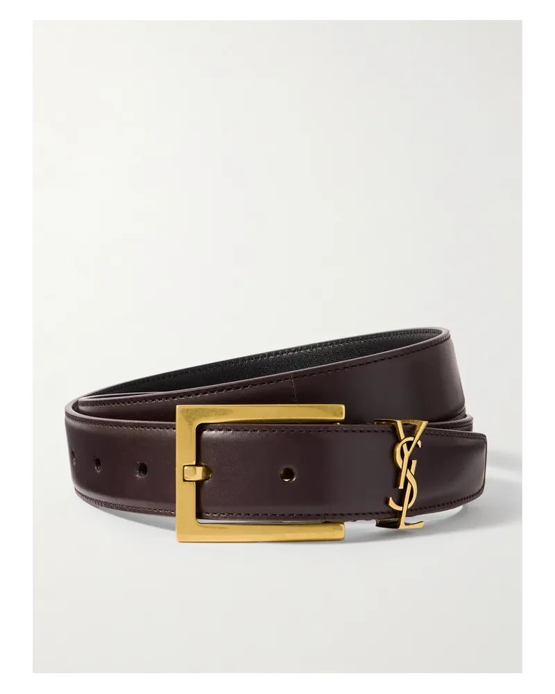 Saint Laurent Cassandre Embellished Leather Belt - Brown Brown