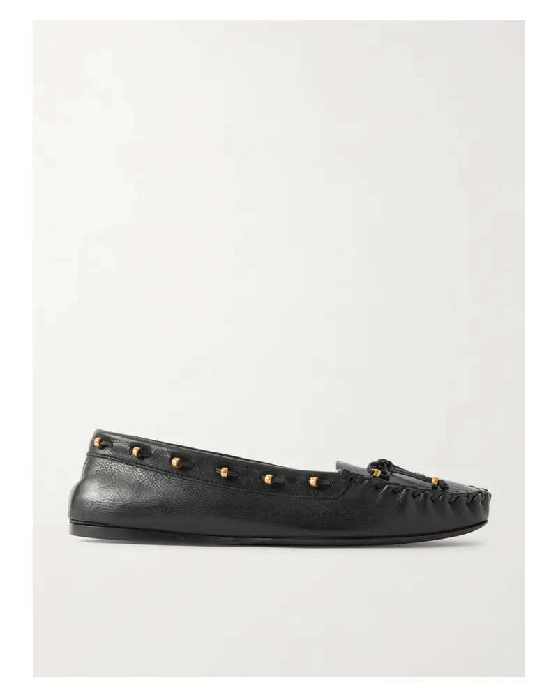 KHAITE Milly Embellished Whipstitched Textured-leather Loafers - Black Black