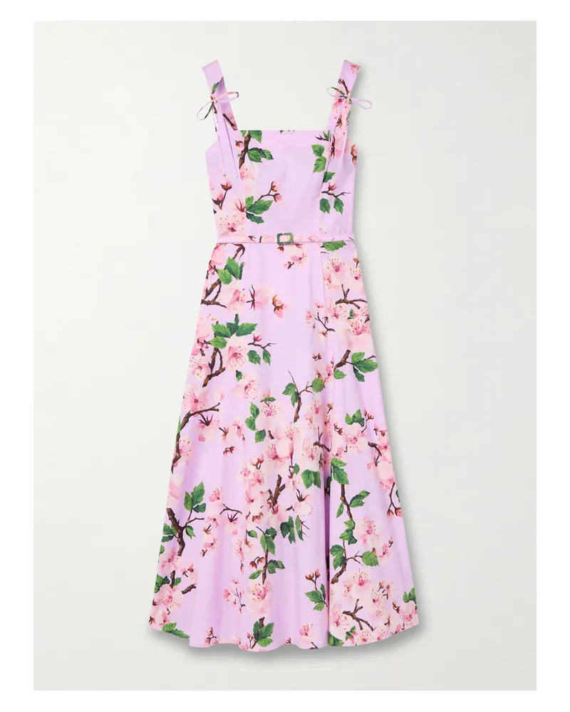 Oscar de la Renta Midikleid Aus Stretch-baumwollpopeline Mit Blumenprint, Gürtel Und Schleifen - Pink Pink