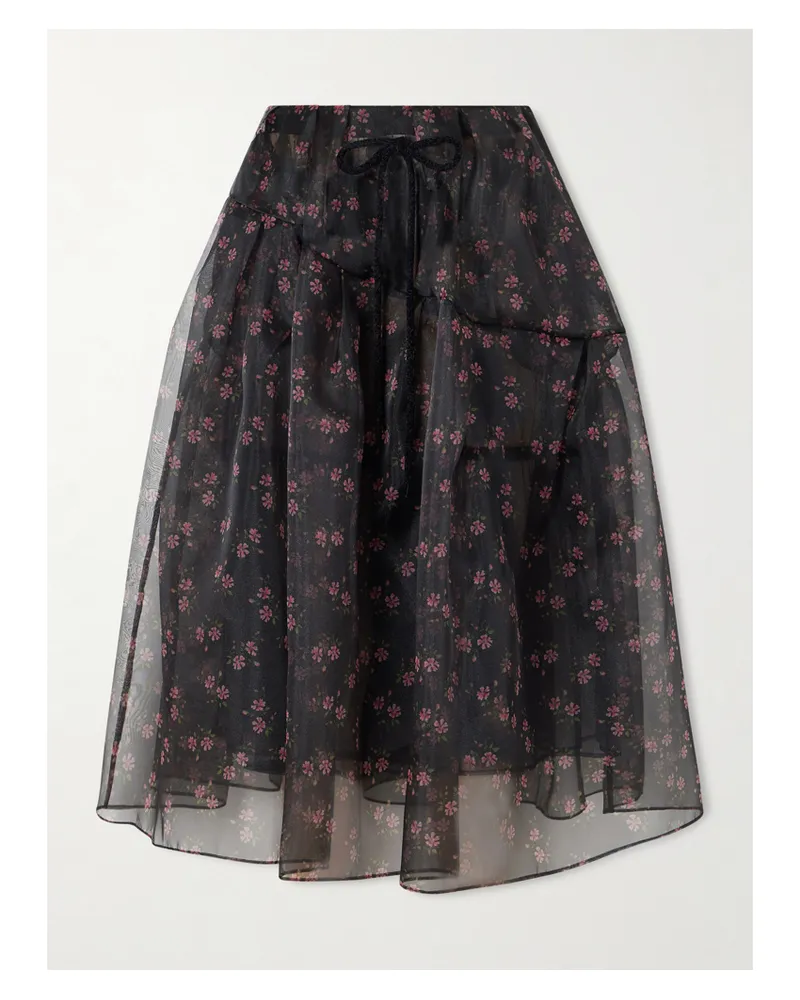 Simone Rocha Tiered Floral-print Organza Midi Skirt - Black Black