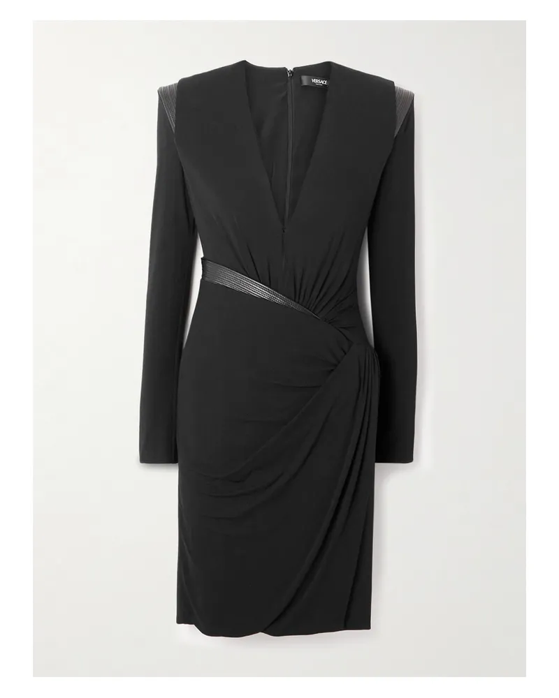 Versace Kleid Aus Stretch-jersey Mit Lederbesätzen Und Wickeleffekt - Schwarz Schwarz