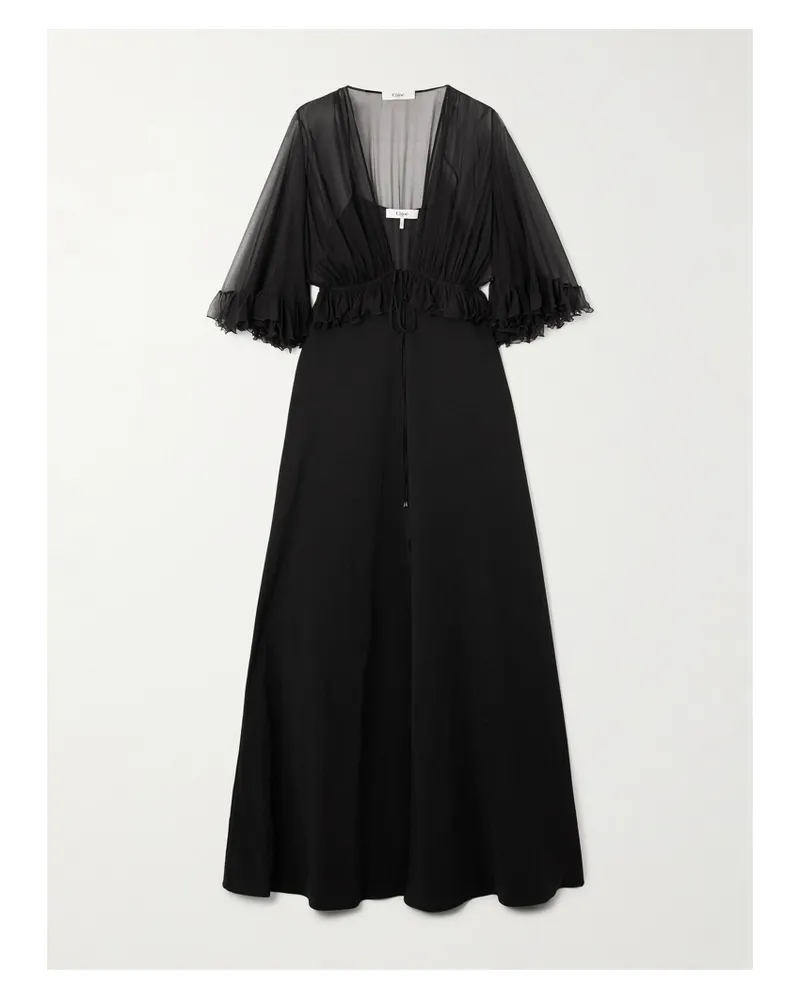 Chloé Maxikleid Aus Seidenkrepon Und Crêpe Mit Rüschen - Schwarz Schwarz
