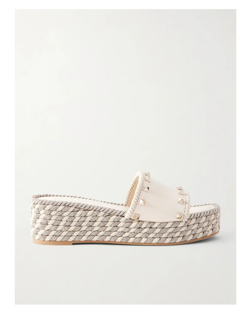 Valentino Garavani Rockstud Leather Platform Espadrille Slides - Neutrals Neutrals