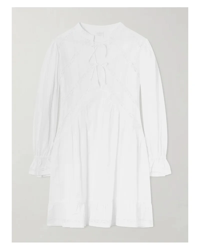 Loretta Caponi Recanati Ruffled Pleated Lace-trimmed Cotton Mini Dress - Neutrals Neutrals