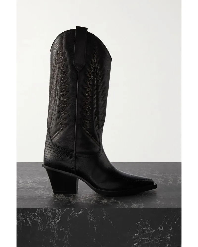 Paris Texas Rosario Kniehohe Stiefel Aus Strukturiertem Leder Und Leder Mit Krokodileffekt Mit Stickereien - Schwarz Schwarz