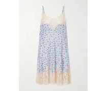 Floral-print Lace-trimmed Silk-blend Mini Dress - Blue