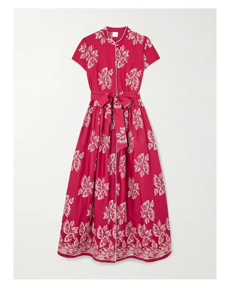 Loretta Caponi Camaiore Maxikleid Aus Baumwollpopeline Mit Stickereien Und Bindegürtel - Rot Rot
