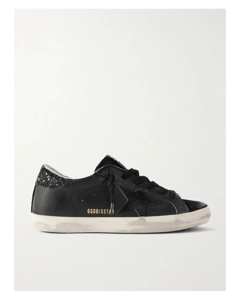 Golden Goose Super-star Sneakers Aus Leder Und Veloursleder Mit Glitter-finish In Distressed-optik - Schwarz Schwarz