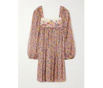 Lace-trimmed Floral-print Silk-blend Satin And Chiffon Mini Dress - Pink