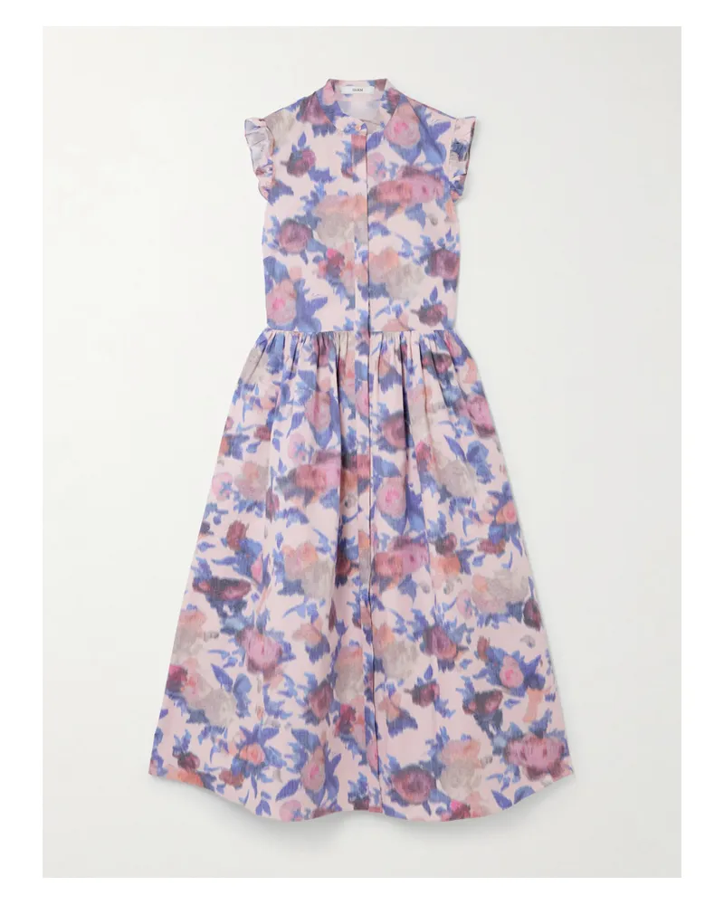 Erdem Midikleid Aus Baumwollpopeline Mit Blumenprint, Raffungen Und Rüschen - Pink Pink