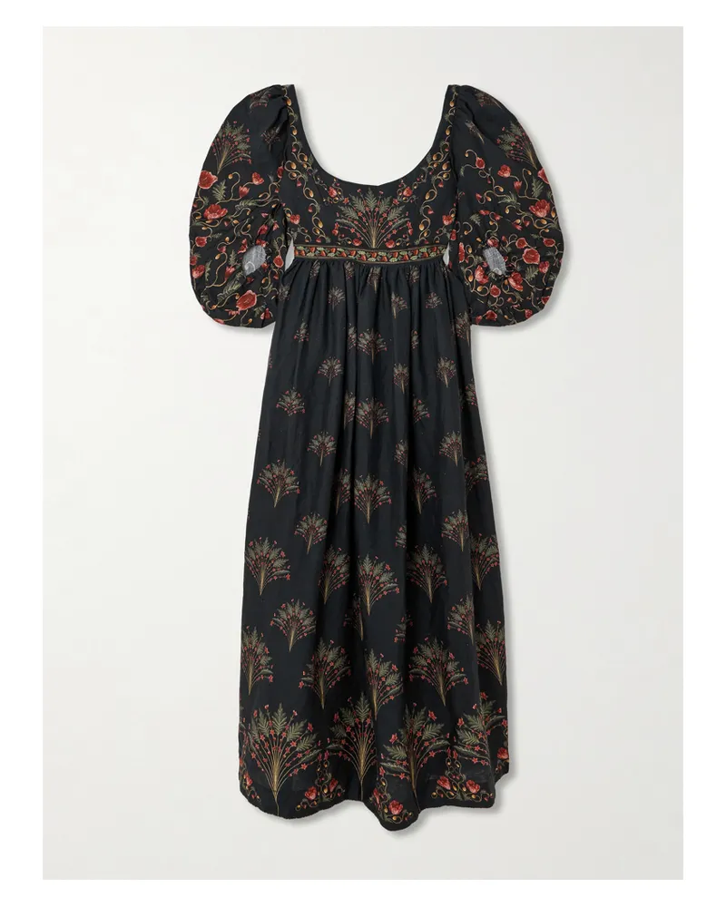 AGUA BENDITA Viviane Floral-print Embroidered Cotton Maxi Dress - Black Black