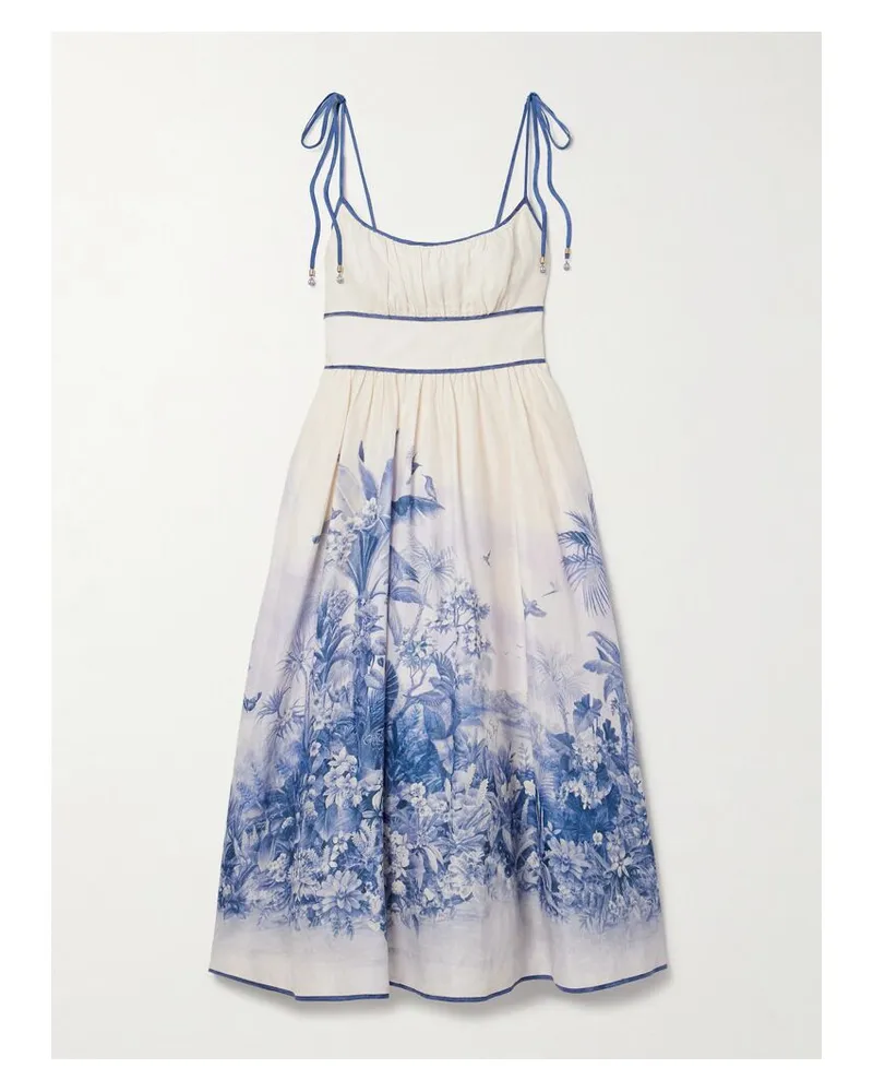 Zimmermann Wylie Midikleid Aus Leinen Mit Print Und Raffungen - Blau Blau