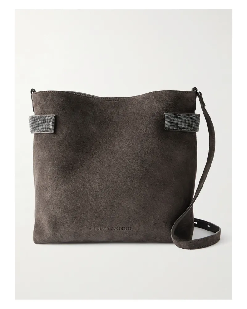 Brunello Cucinelli Bead-embellished Suede Shoulder Bag - Brown Brown
