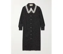 Lace-trimmed Polka-dot Printed Silk Crepe De Chine Midi Dress - Black
