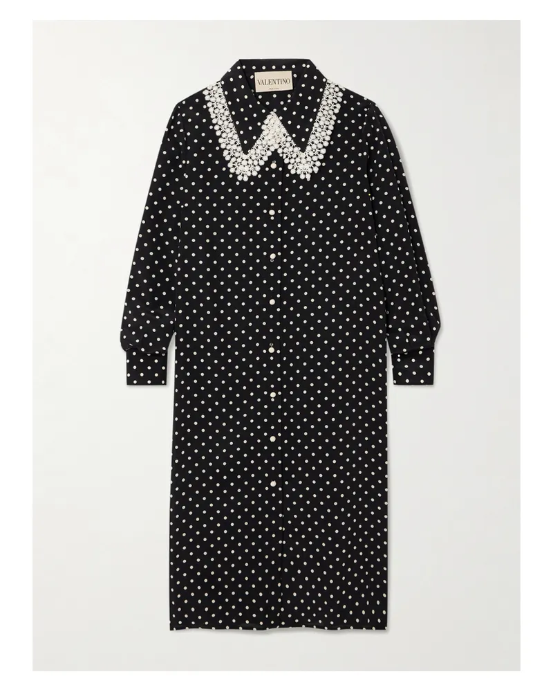 Valentino Garavani Lace-trimmed Polka-dot Printed Silk Crepe De Chine Midi Dress - Black Black