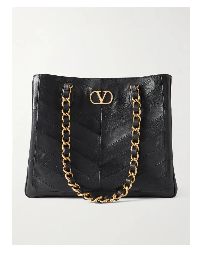 Valentino Garavani Jean Chain-detailed Paneled Leather Tote - Black Black