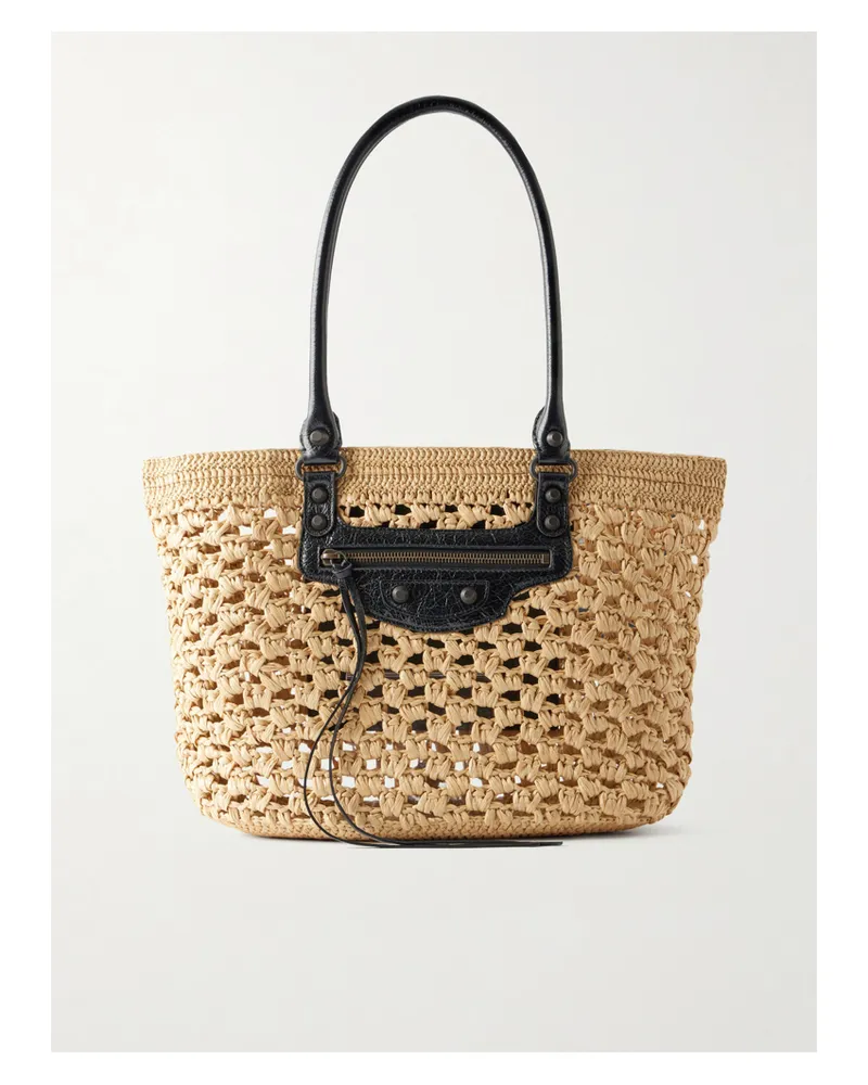 Balenciaga Le City Leather-trimmed Raffia Shoulder Bag - Neutrals Neutrals