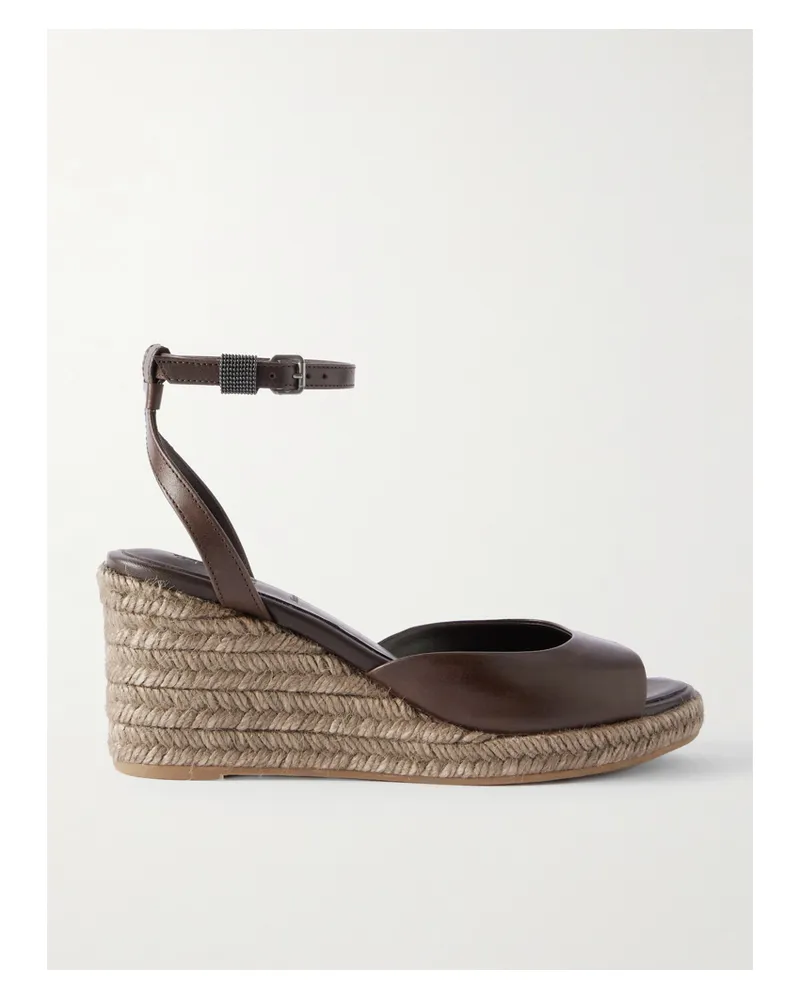 Brunello Cucinelli Espadrille-wedges Aus Leder Mit Zierperlen - Braun Braun