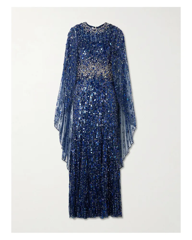 Jenny Packham Honey Dew Cape-effect Embellished Tulle Gown - Blue Blue