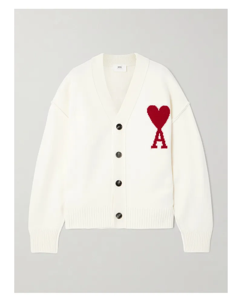 AMI Paris Adc Intarsia Merino Wool Cardigan - Neutrals Neutrals