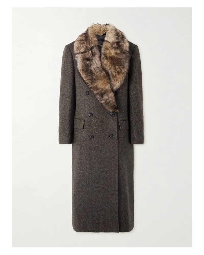 Nili Lotan Edina Doppelreihiger Mantel Aus Wolle Mit Fischgratmuster Mit Shearling-besatz - Grau Grau