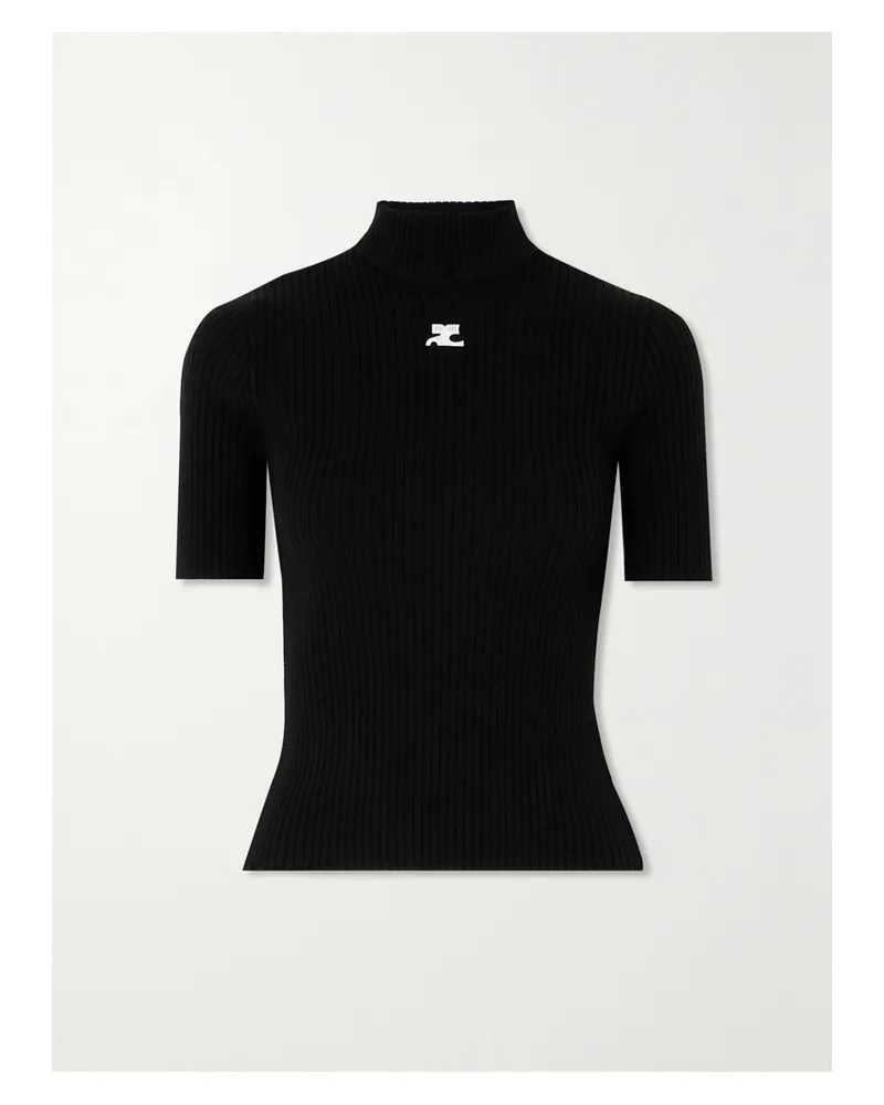 Courrèges Embroidered Ribbed-knit Top - Black Black
