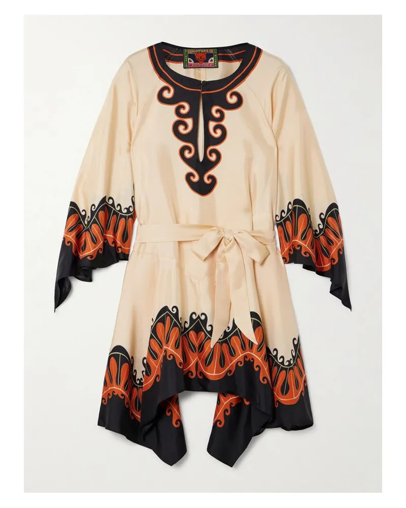 La DoubleJ Mother Malibu Minikleid Aus Seide Mit Prints Und Bindegürtel - Neutral Neutral