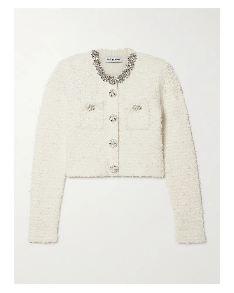Self-Portrait Verkürzter Cardigan Aus Bouclé Aus Einer Baumwollmischung Mit Kristallen - Creme Creme