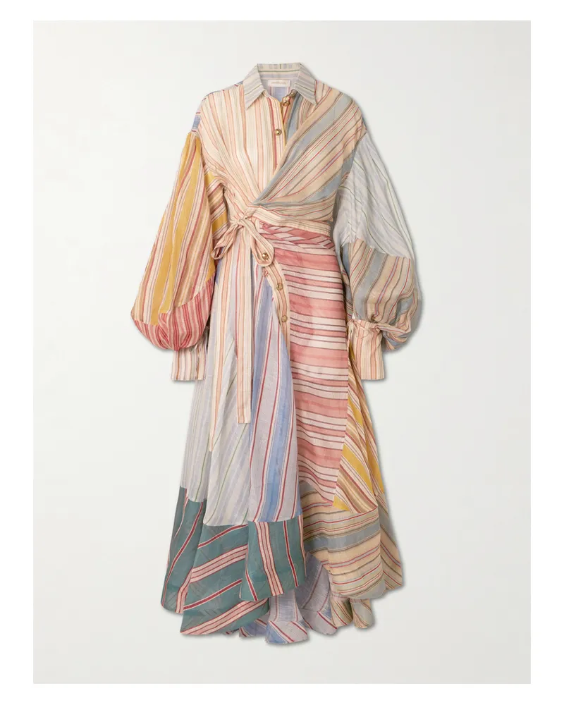 Zimmermann Rebellion Patchwork Striped Linen And Silk-blend Voile Midi Wrap Dress - Multi Multi