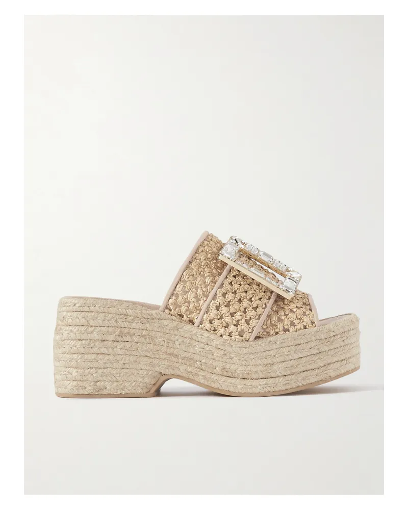 Roger Vivier Crystal-embellished Suede-trimmed Raffia Platform Mules - Neutrals Neutrals