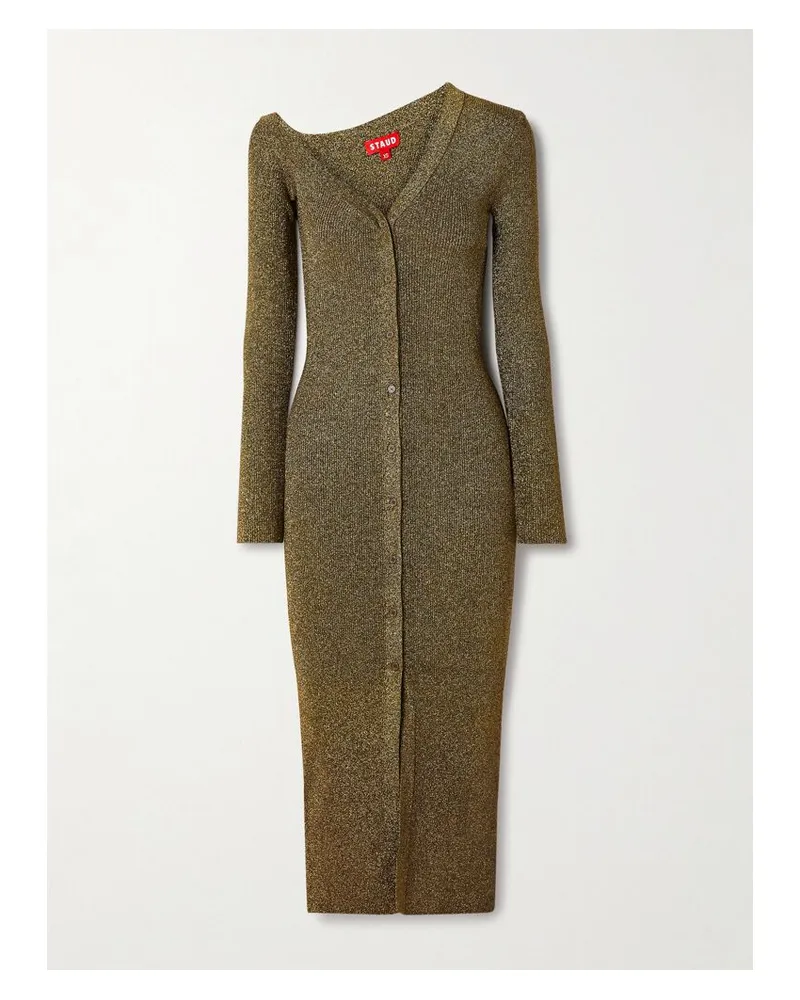 STAUD Craftsman Schulterfreies Midikleid Aus Metallic-rippstrick - Gold Gold