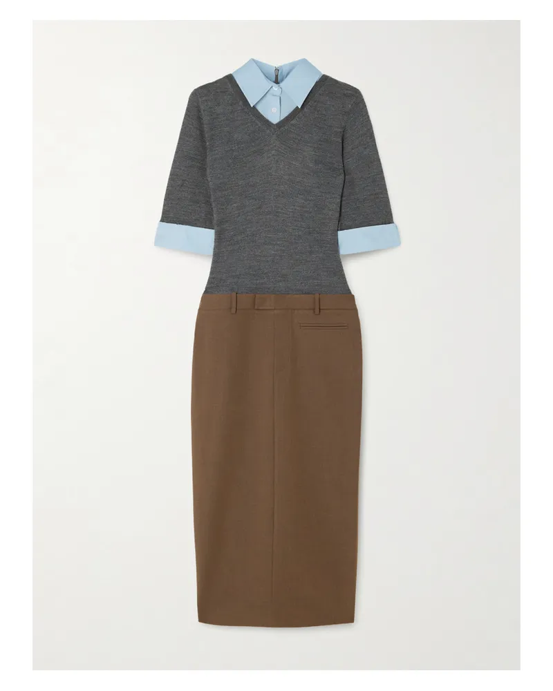 STAUD Geo Layered Cotton-blend Poplin-trimmed Twill And Wool-blend Midi Dress - Brown Brown